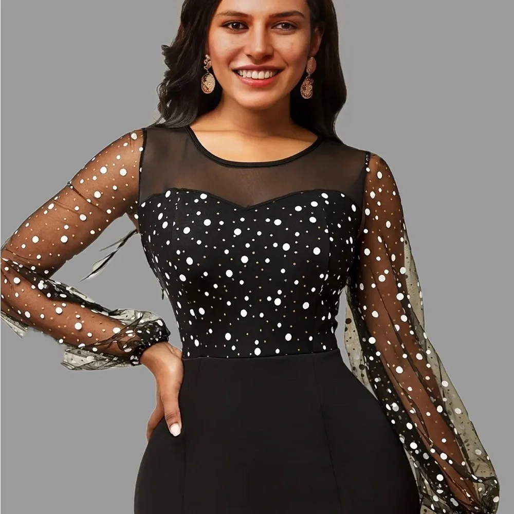 Round Neck Mesh Stitching Dress, Elegant Slim Long Sleeve Waist Long Dresses - Picture 5 of 5